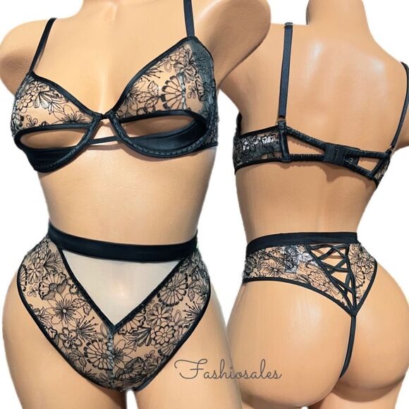 Victoria’s Secret Set Sexy Cut out mesh Rhinestones Demi Bra & High Waist thong - Picture 4 of 14